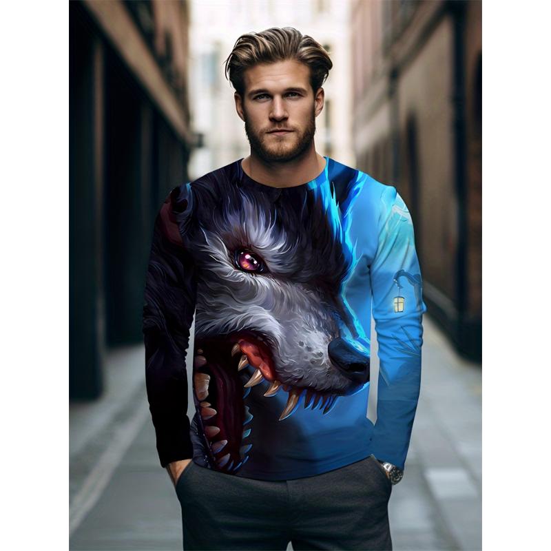 Langarm-T-Shirt für Herren mit Wolf-Print, Frühling und Herbst, für den Alltag, lässiges Oberteil für die Straße, für Herren, modisches Langarm-T-Shirt