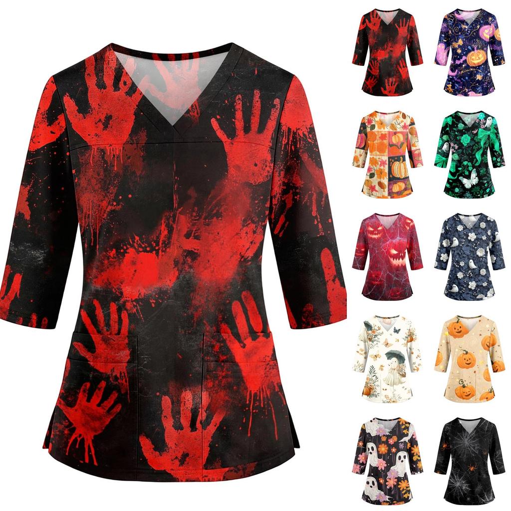 Womens Halloween Print V Neck Medical Scrub Top with Side Slits Three Quarter Sleeves and Front Pocket Nurse Uniform Shirt