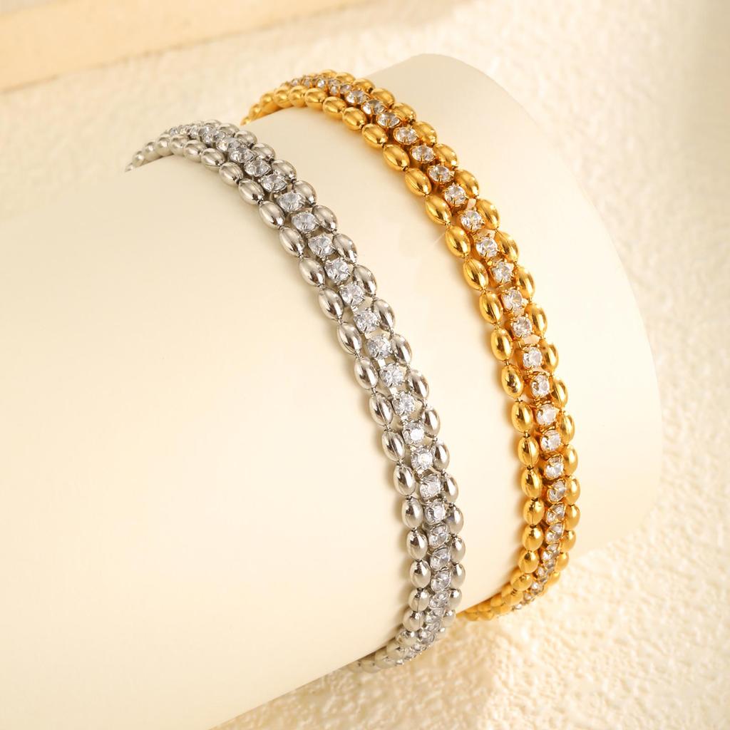 Stainless Steel Double Row Olive Bead White Zircon Bracelet for Women,Gold Color Tennis Chain Bracelets,Classic Jewelry Gifts