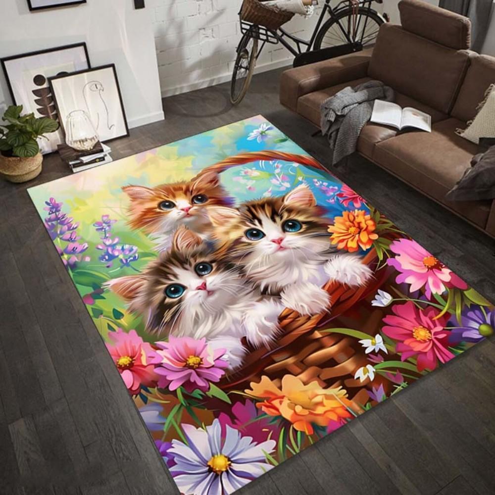Playful Floral Cat Pattern Rug, Non-Slip Decorative Floor Mat for Bedrooms, Living Rooms, and Children's Play Areas