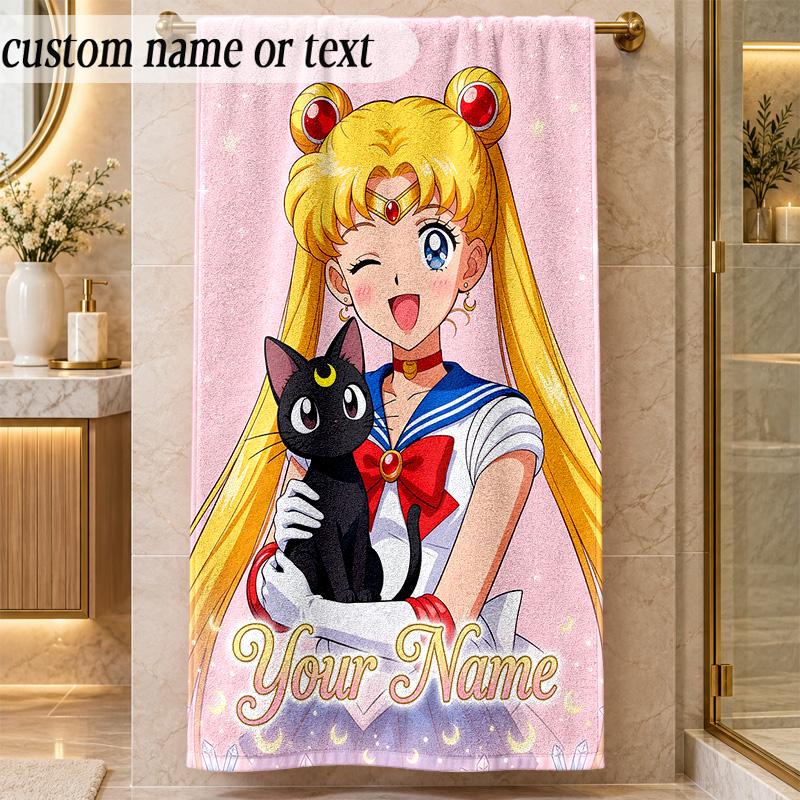 Beach TowelSailor Moon Custom Name Text Personalized Soft Towel for Beach Pool Indoor Home Decor Gift