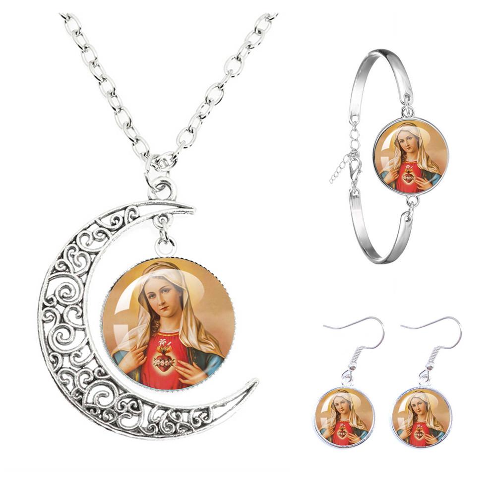 Virgin Mary And Baby Jesus Catholicism The Moon Necklace Earrings Bracelet Set Religious Glass Cabochon Pendant Gift Jewelry