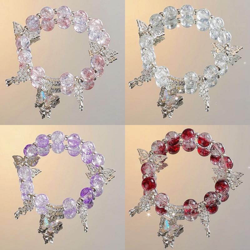 Sweet Chinese Style Butterfly Beaded Bracelet For Women Temperament Colorful Glass Beads Elastic Rope Bracelets Jewelry Gifts