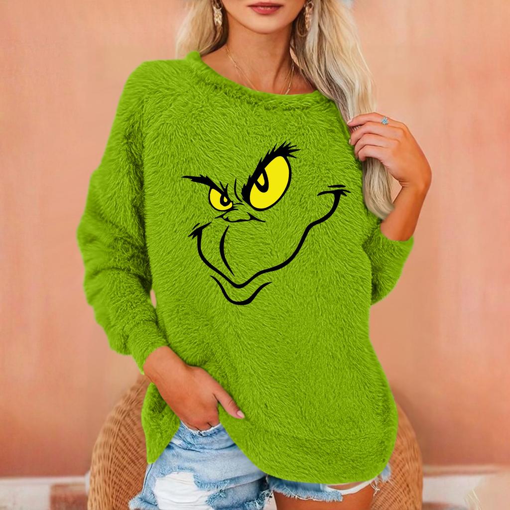 Damen Modischer Rundhals Langarm Weihnachts-Print Lockerer Plüsch Warmer Pullover