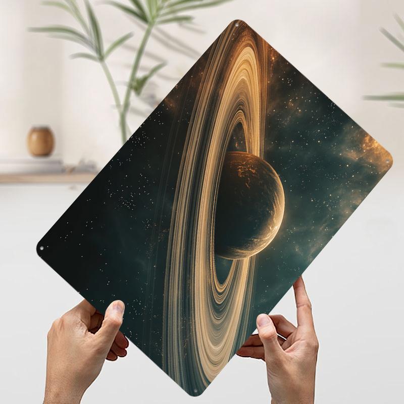 Ringed Planet in Space Tin Plaque Poster Customized Wall Art Retro Vintage Metal Signs for Man Cave Room Decoration Coffee Bar