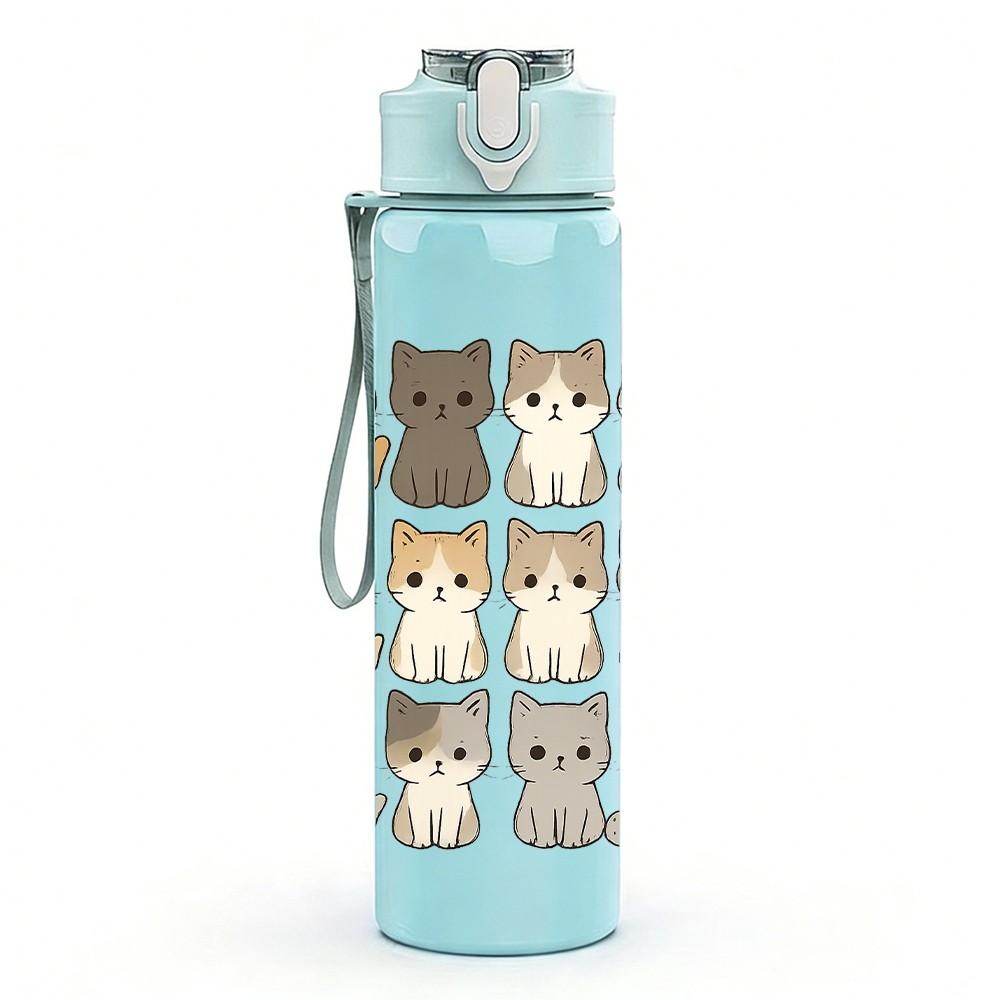 1PC Stacked Grey Cat Column Repeat 750ml Color Plastic Sports Water Bottle Leakproof Flip Straw Lid Suitable for Sports Office Home Use