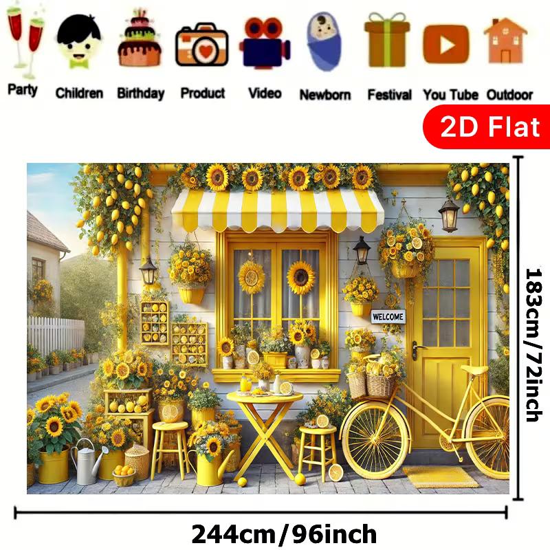2D Cheerful Sunflower Lemon Café Backdrop with Bike & Outdoor Decor