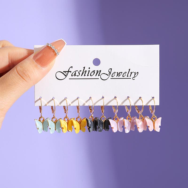 Colorful Resin Butterfly Earrings Set Pearl Purple Green Acrylic Gold Color Metal Hoop Earrings for Women Fashion Party Jewelry