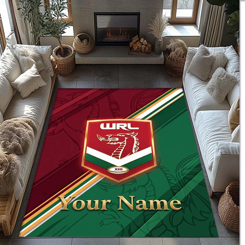 Wales Rugby Crystal Velvet Rug, Custom Name Text Personalized Non‑Slip Floor Mat for Home Decor Gift