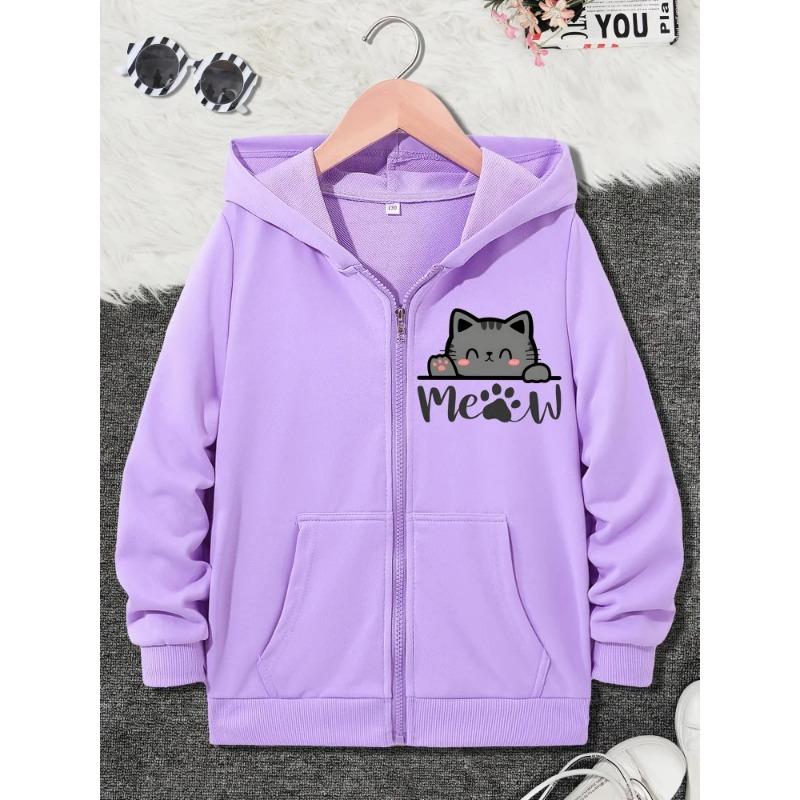 Girls Hooded Jacket Kids Grey Zip Up Hoodie Cute Peeking Gray Cat Meow Paw Letter Graphic Long Sleeve Pocket Casual