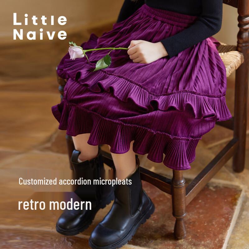 Little Naive Girls Retro Velvet Pleated Half-Skirt 160