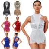 Ladies Sequin Tassel Latin Dance Bodysuit Metallic Shiny Patchwork Sleeveless Back Cutout Leotard Cha Cha Performance