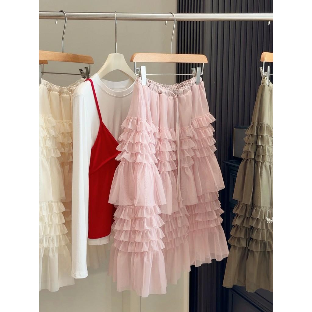 

Spring Floral Layered Tulle Skirt Knee-length Elastic Waist Abundant Ruffle Details QT2832