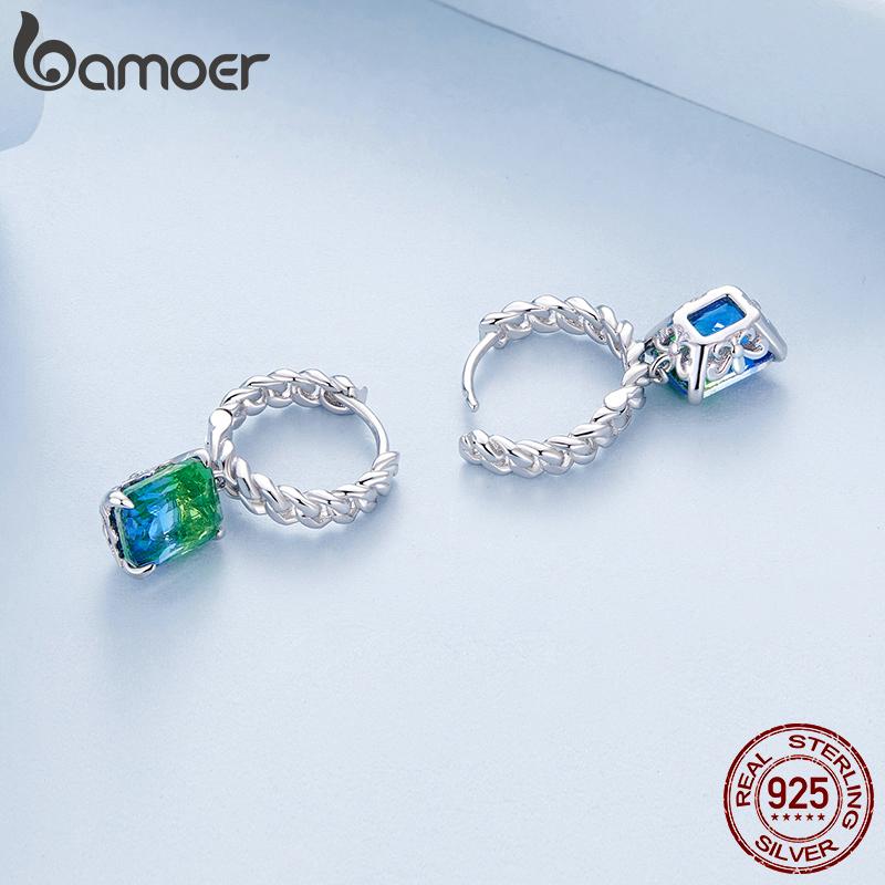 BAMOER 925 Sterling Silber Kette Ohrschnallen Blau und Grün Turmalin Creolen für Frauen Party Elegent Edlen Schmuck