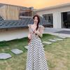 French Chic Polka Dot Summer Dress: Elegant Pleated Long Skirt with Slim Waist