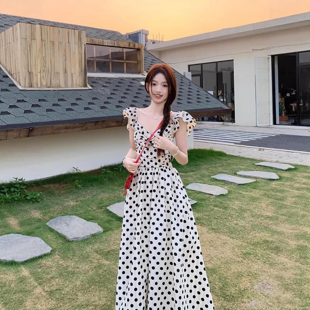 French Chic Polka Dot Summer Dress: Elegant Pleated Long Skirt with Slim Waist