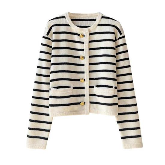 Women Cardigan Sweater Striped Print Contrast Color Single-breasted Long Sleeve Knitted Loose Warm Thick Round Neck Fall Spring Coat