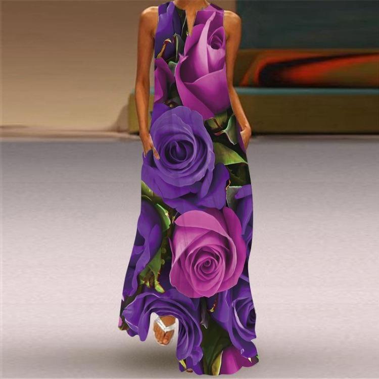 Sexy Sleeveless V Neck Printed Long Dress Women Summer European American Style