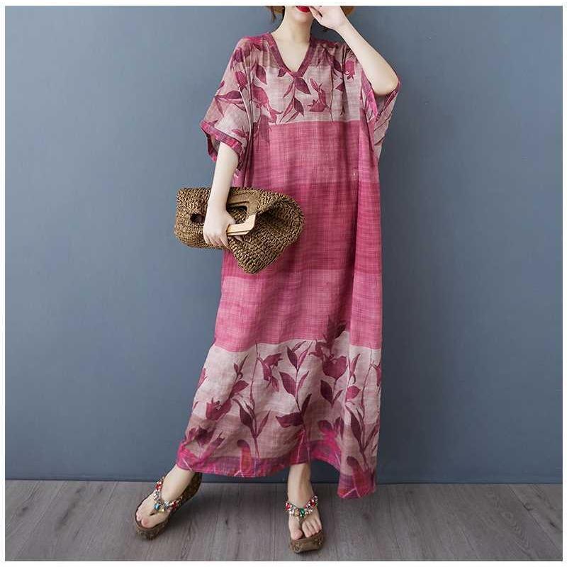 Women's V-neck Retro Long Skirt Cotton Linen Dress
