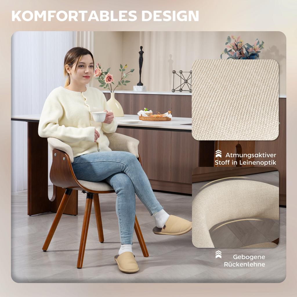 Dining chair, linen-look fabric, curved backrest, wooden legs, beige