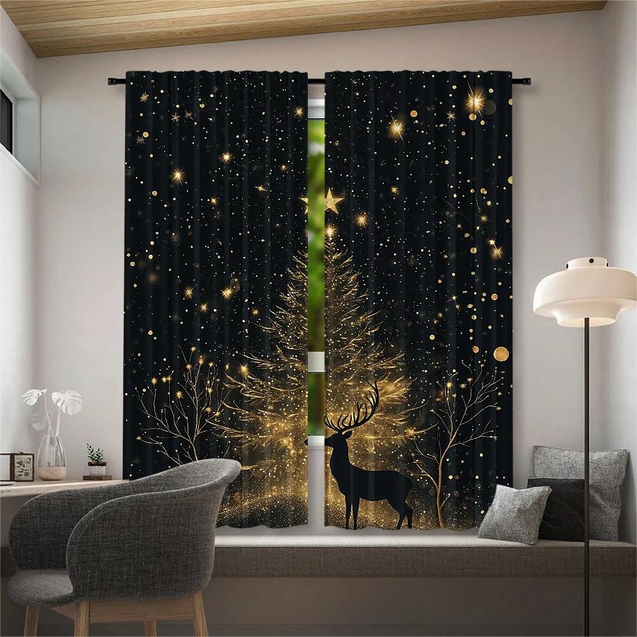 Christmas Tree Reindeer Print Curtains Decorations Home Room Curtain Polyester