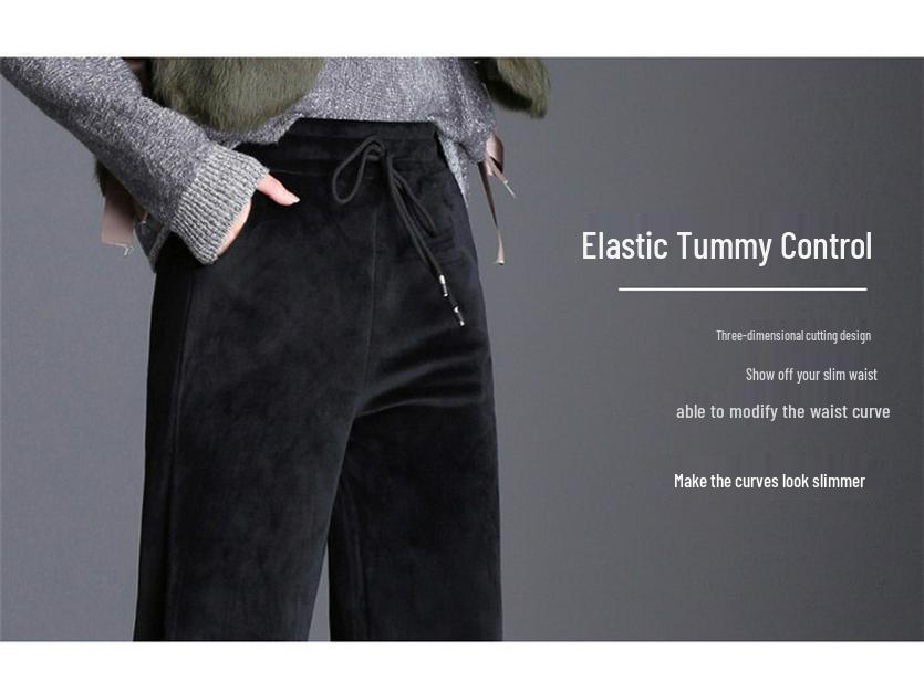 2023 Dámské nadměrné kalhoty s vysokým pasem a širokými nohavicemi podšité fleecem ze zlatého sametu - Podzimní/Zimní kolekce