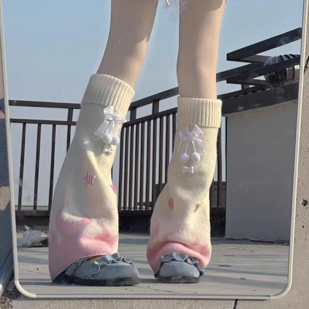 Cute Bowknot Calf Lolita Japanese-style Knitted Leg Warmers Slouchy JK Knee-high Socks Autumn Winter Warm Sweet Girl Socks