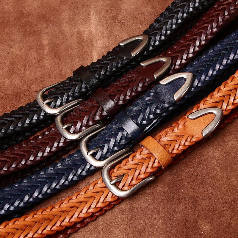 2.8cm Waist Belt, Women's Genuine Leather Top Layer, Cowhide Hand Woven Belt, Braided Needle Buckle, Versatile Casual Pants Belt for Couples