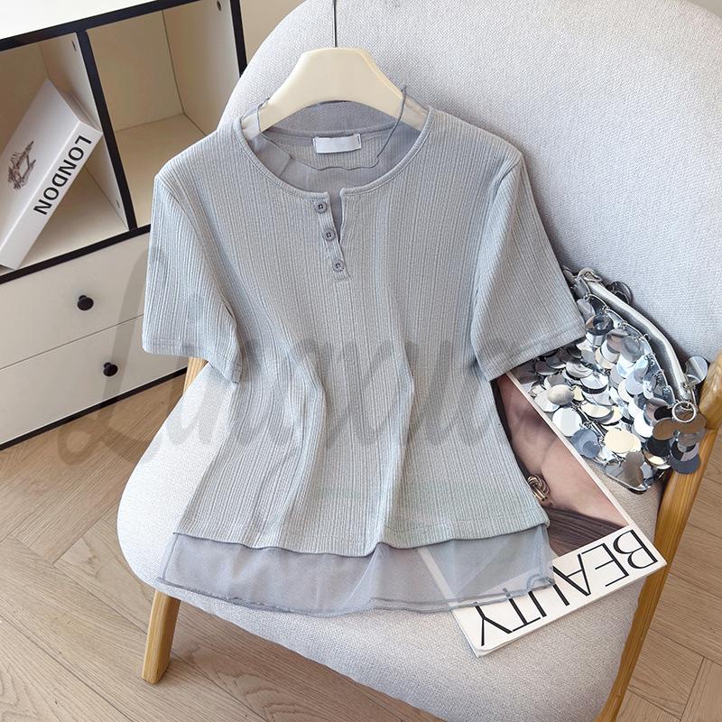 

2026 Women s Summer Mesh Patchwork Pure Cotton Short-Sleeve T-shirt, Trendy Niche Design Small