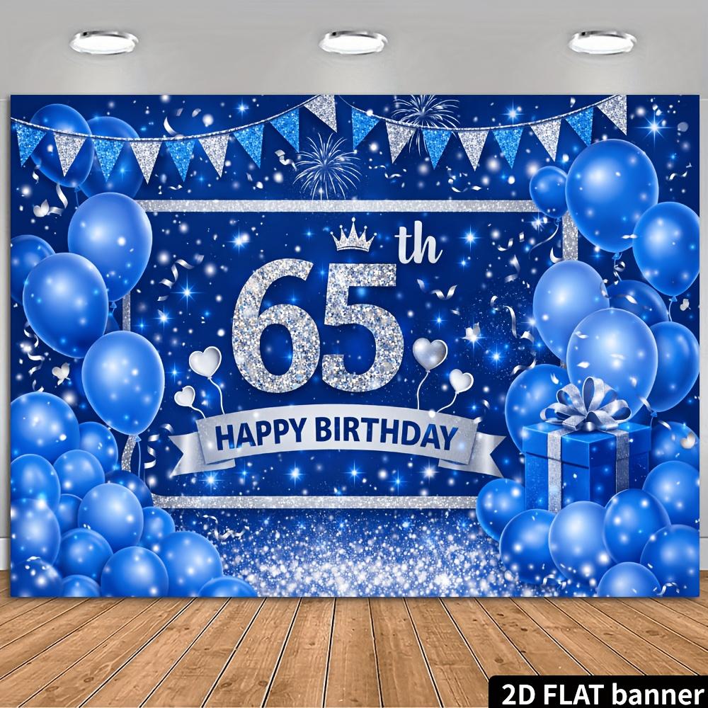65th Birthday Party Banner Backdrop, Blue Silver Balloon Triangle Flag Firework Heart Gift, Polyester, Photo Wall Decor