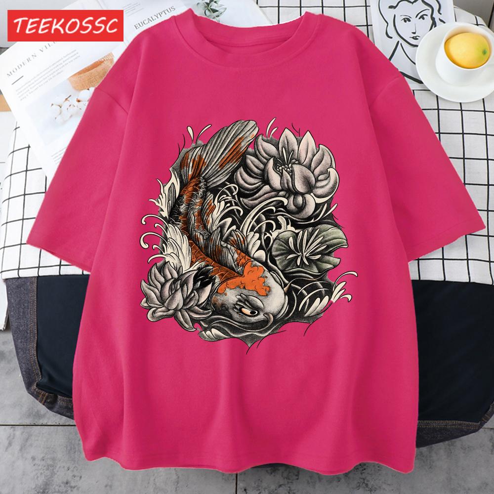 Japanese Harajuku Lotus Koi Print Men T Shirts AllMatch Cotton TShirt Casual Crewneck Loose Streetwear Man Summer Basics Top
