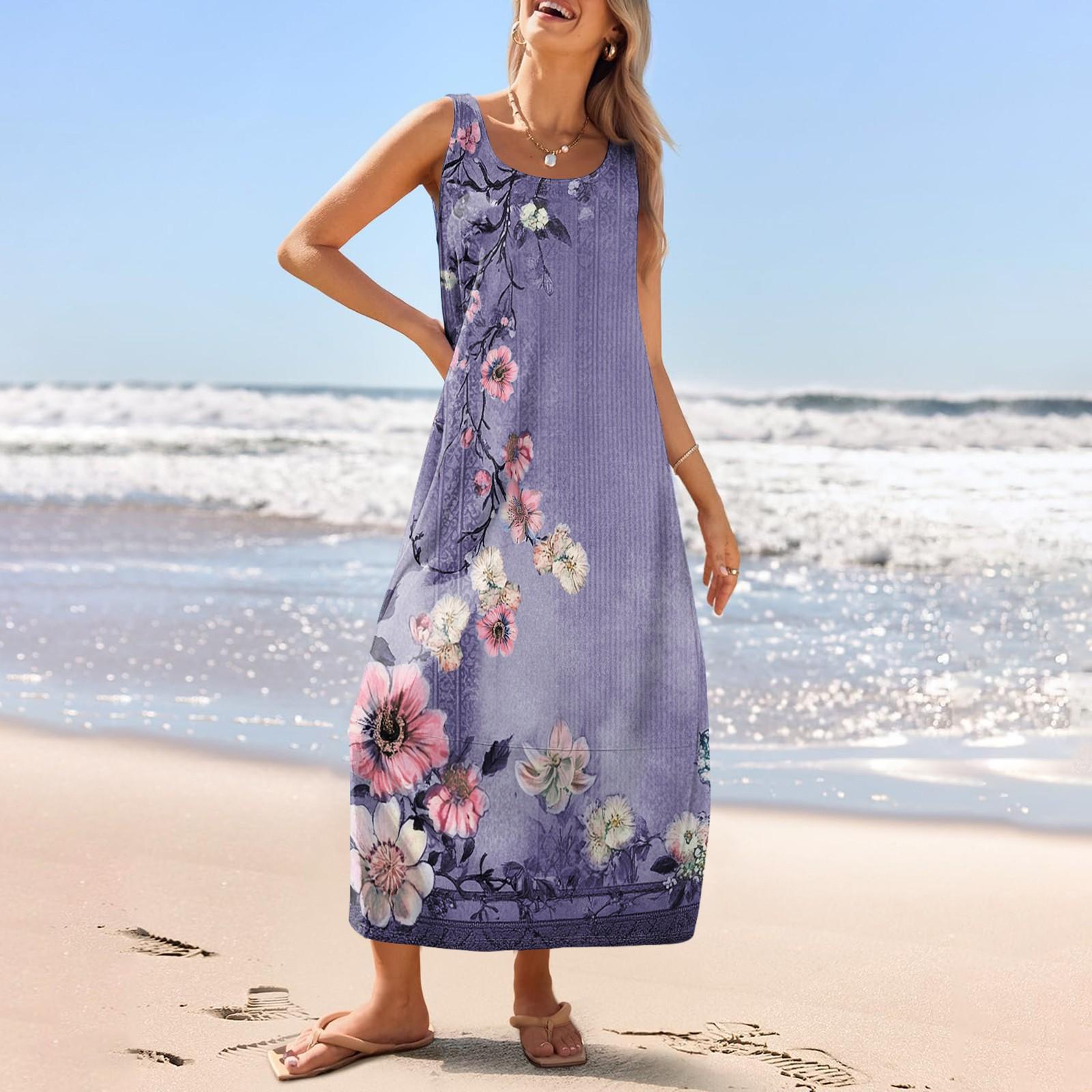 

Женский повседневный длинный сарафан, летнее пляжное платье, круглый вырез, без рукавов, свободный сарафан XL фиолетовый