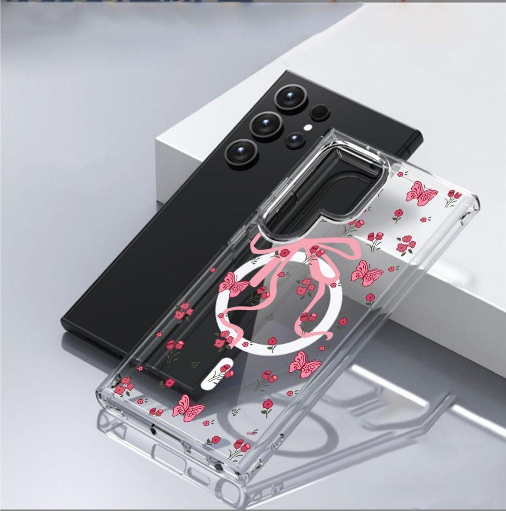 Bowknot Floral Magnetic Case for iPhone 15/16/17 Pro Max - Transparent Full Coverage