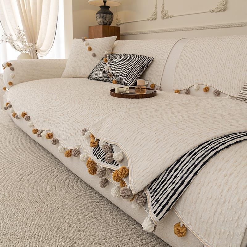 Cream Sofa Cover Universal Four Seasons Cat Scratch Resistant Non Slip Sofa Protector Decorative Couch Throw Blanket