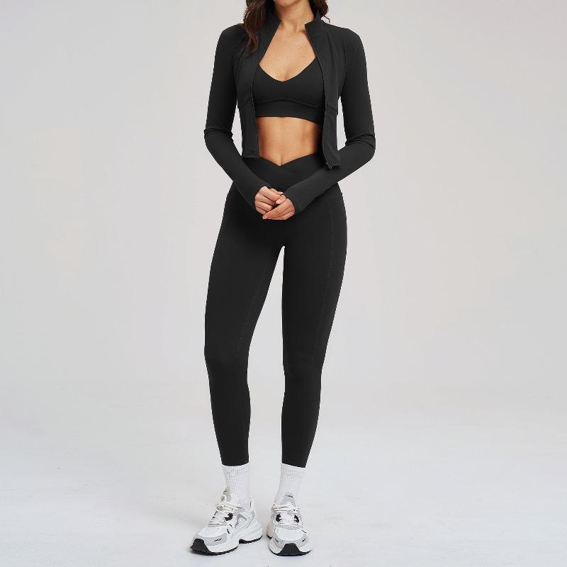 Fitness suit Naked zipper Casual suit Women s outdoor cycling Running sports three-piece set S