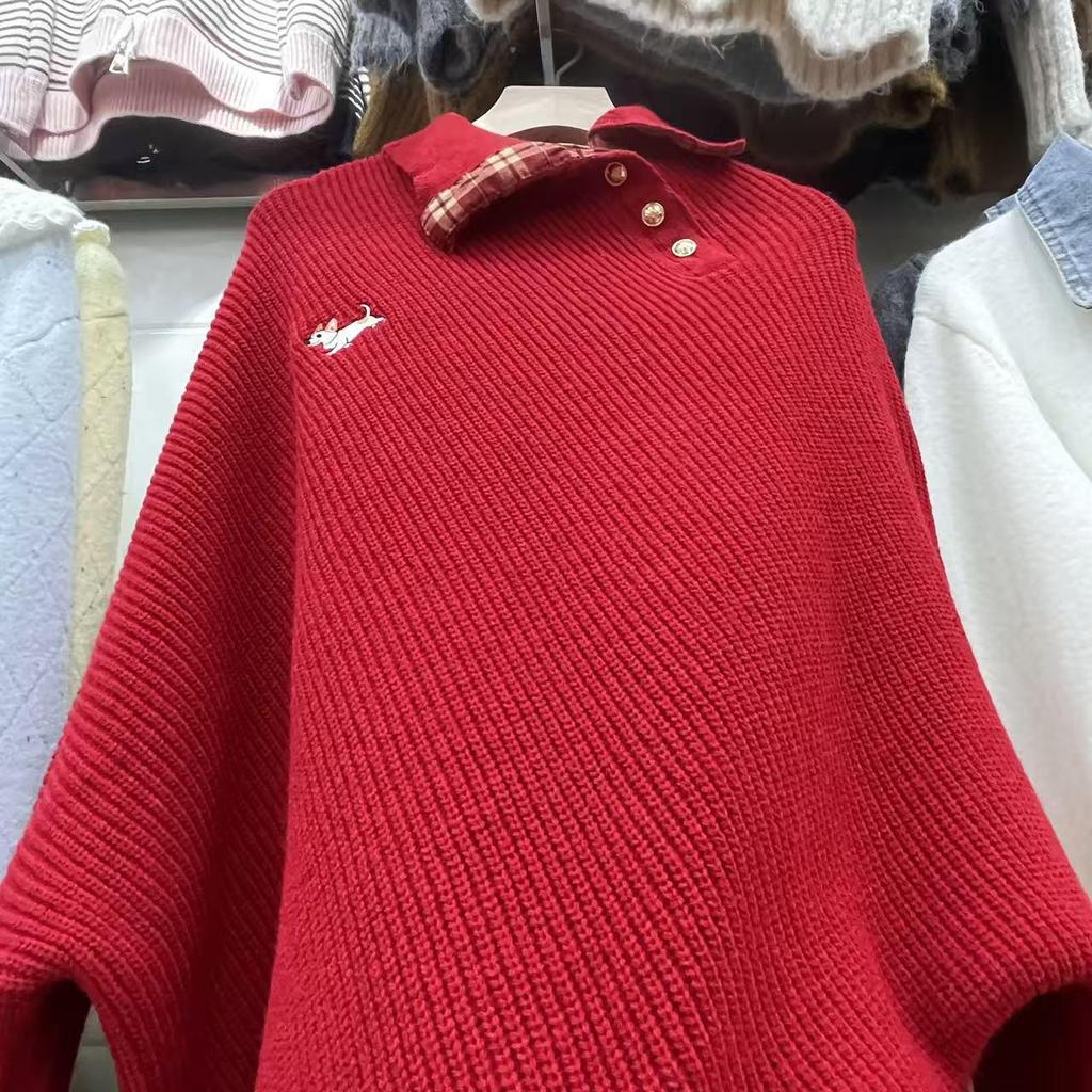 Women's Red Korean Style Sweater - Irregular Lapel Knitwear, Loose Fit, Slimming Design for Autumn/Winter
