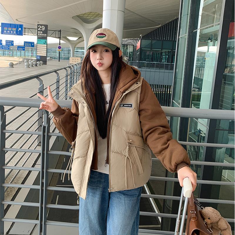 

Fake two-piece patchwork hooded down cotton jacket women s 2025 winter new versatile cotton jacket bread jacket short coat XXL