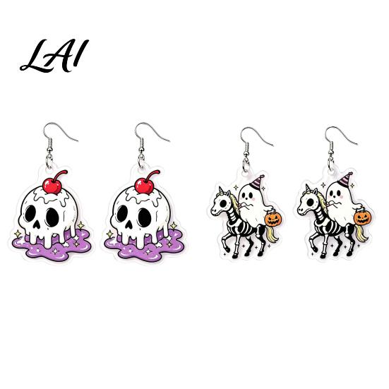Unique Gothic Dangle 1 Pair Acrylic Halloween Earrings for Women 2D Flat Cute Cartoon Playful Dark Style Ghost Skull Drop Earrings Holiday