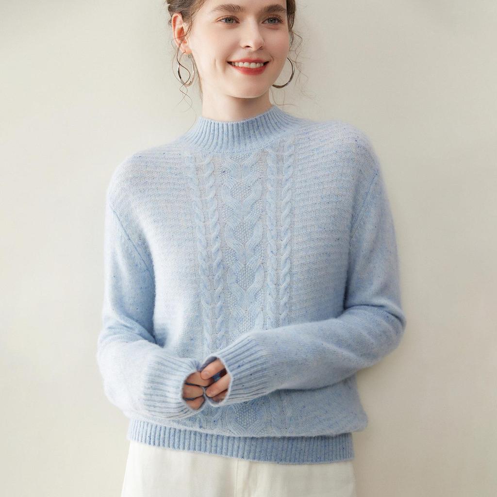 Women's Retro Jacquard Seven-Needle Cashmere Sweater - Thickened Double-Strand, Half-High Neck, Ideal Inner Layer for Autumn and Winter.
