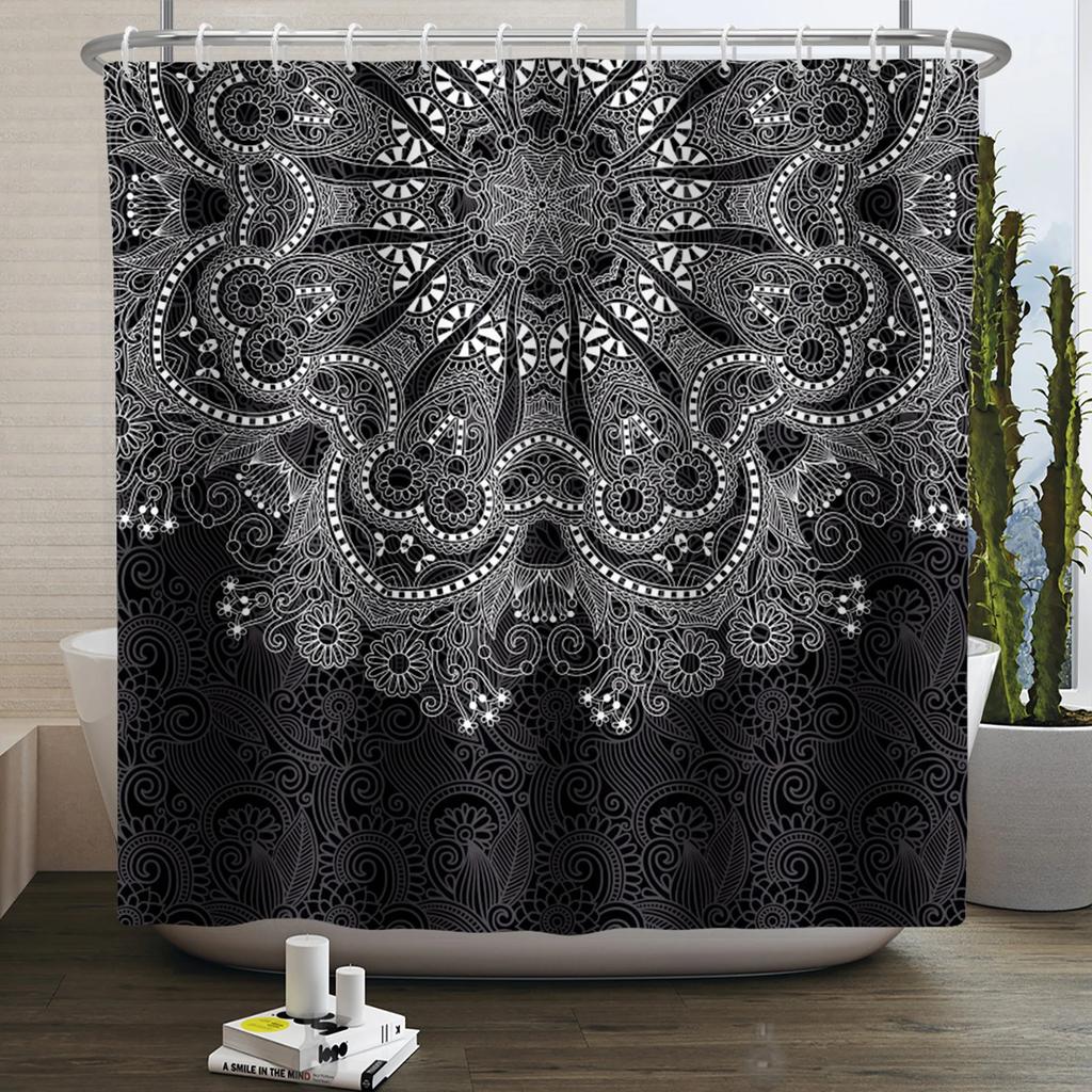 Bohemia Mandala Blume Duschvorhang Schwarz Gold Badevorhang Heim Badezimmer Dekoration Wasserdichtes Gewebe Badewannen-Bildschirm Mit Haken