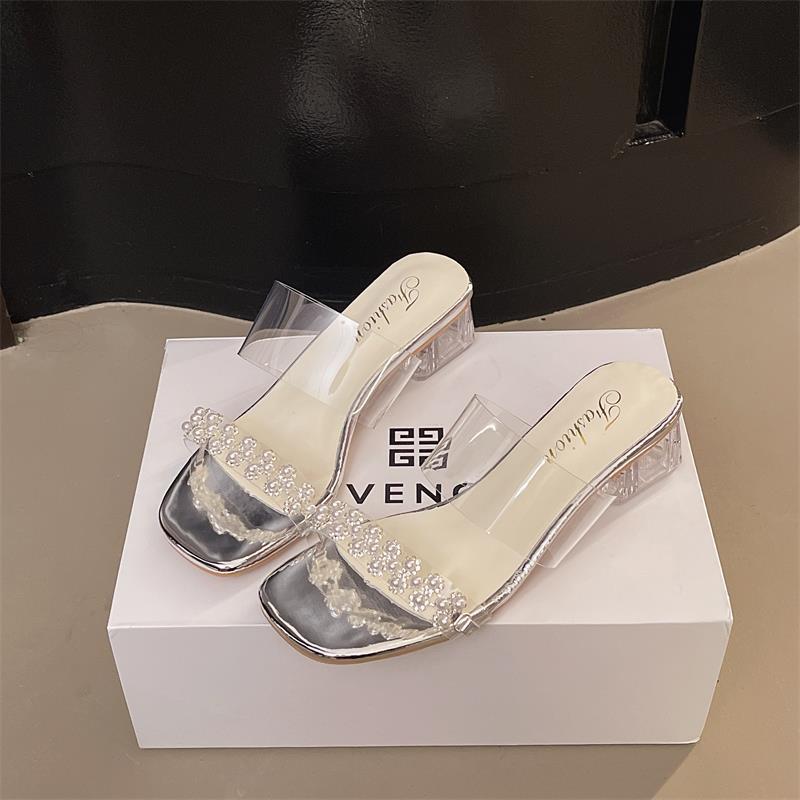 Beautiful High-heeled One-word Slippers for Women's Summer Wear 2025 New Fashion Fairy Style Transparent Thick-heeled Cool Slippers Female Tide