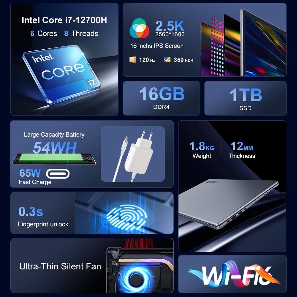 Notebook Ninkear N16 PRO 16'' 16 GB + 1 TB SSD Intel Core i7-12700H 2560x1600 Obnovovací frekvence 60 Hz