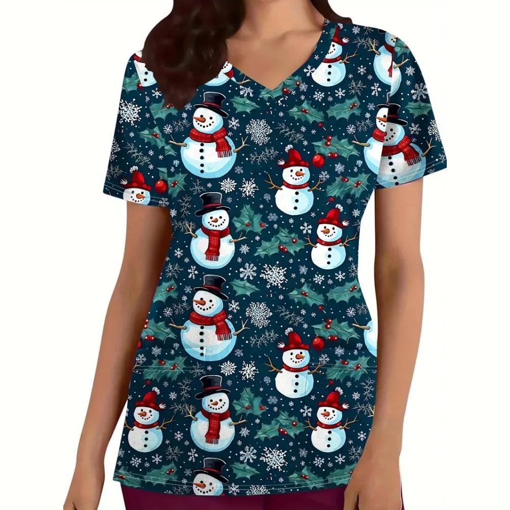 New Christmas Surgical Uniforms Woman Vet Dental Medical Uniform Microstretch V-Neck Short-Sleeve Tops Women's Medical Uniforms