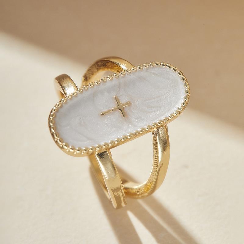

Huajie Women s Simple Oval Cross Shaped Shell Temperament Rings Golden Edging Elegant Ladys New Ring Fashion Tide 10 золотий