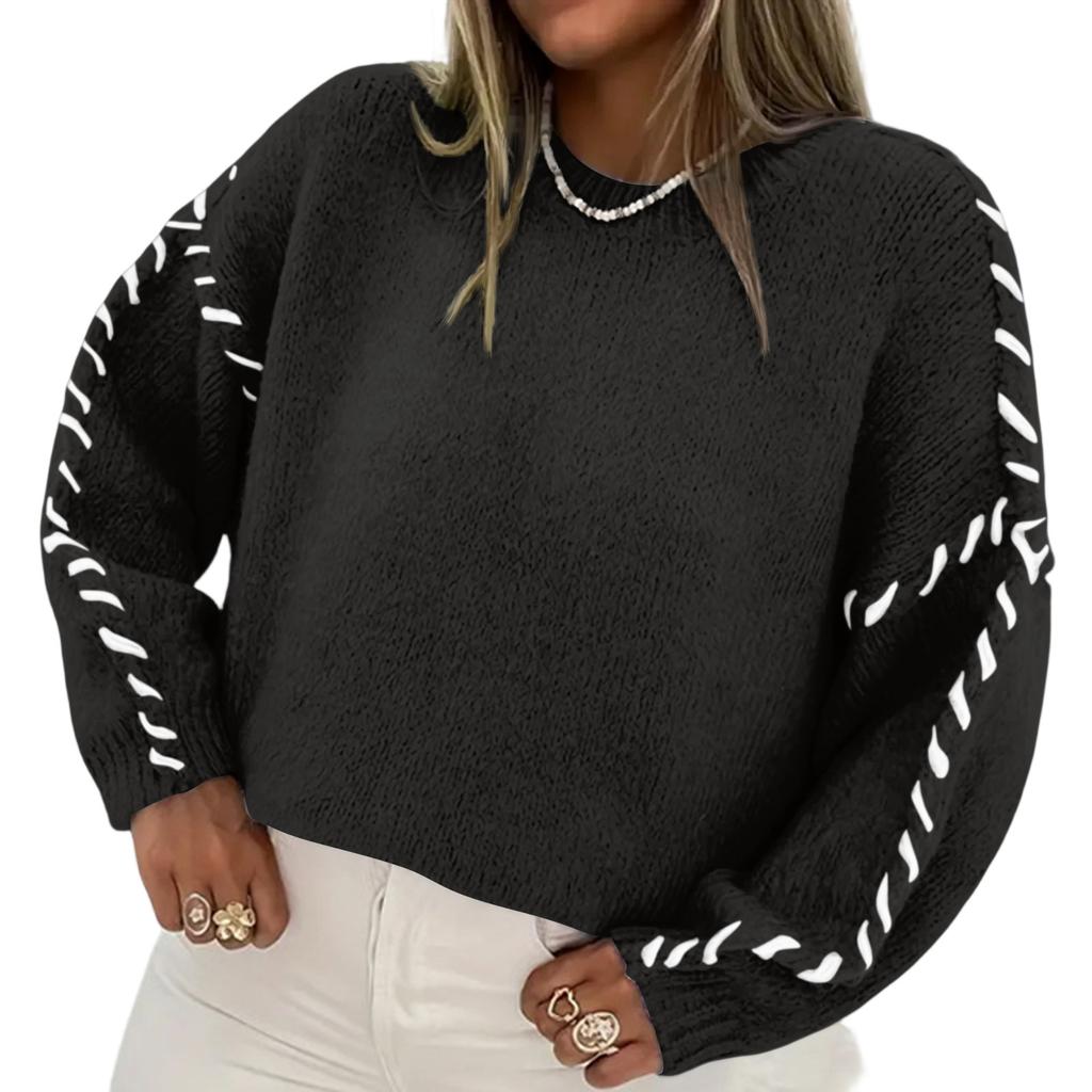 Ladies' Color Blocking Loose Casual Round Neck Knitted Sweater Long Sleeved Sweater Top