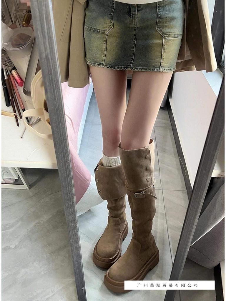 Thick-soled boots women's autumn four seasons but knee suede boots women's thin tall knight boots