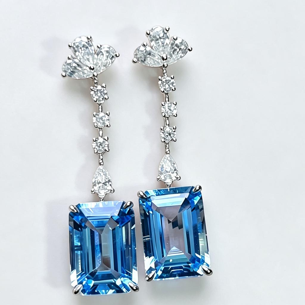 925 Silver Plated New Emerald Cut Blue Cubic Zirconia Long Drop Earrings - Floral Top Diamond Dangle Earrings for Wedding Banque