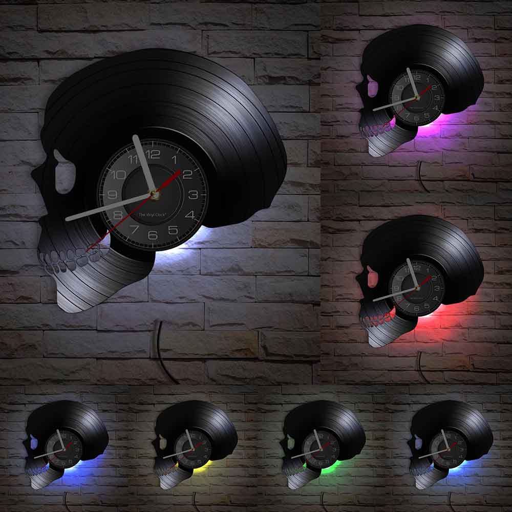 Schädel-Kopf-Vinyl-Schallplatten-Wanduhr im Alter von Skelett-Kopf-Wanduhr, Skelett-Vampir-Männer, Halloween-Dekor, Wandbehang-Uhr