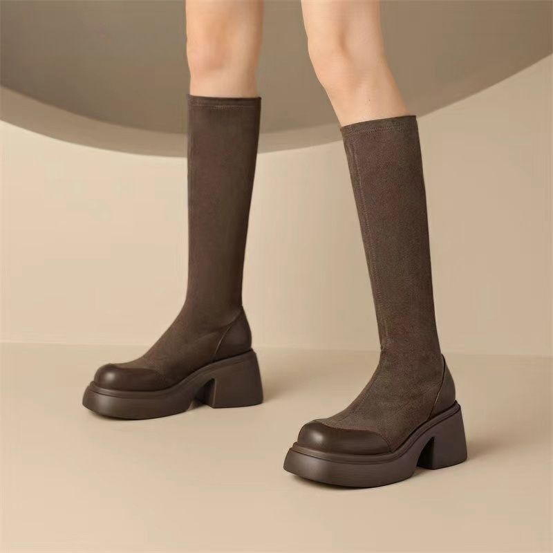 Fashion Elegant Heeled Round Toe Ladies Knee High Shaft Shoes Autumn Winter Platform Women's Long Boots Elastic Comfortable Boot Sale