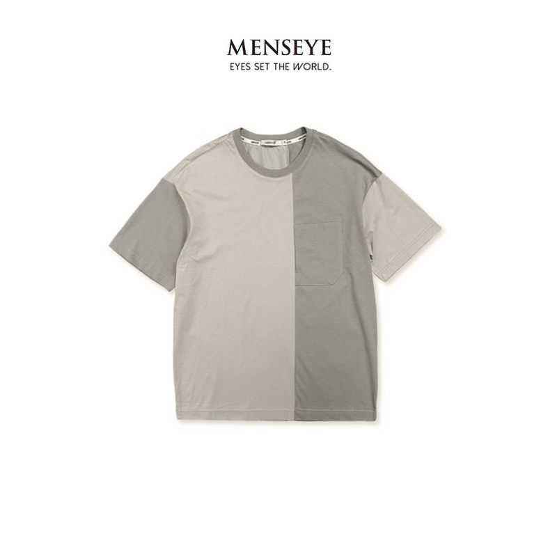 Menseye Men's Short-Sleeved T-Shirt, Color-Blocking Patchwork, Large Pocket, Workwear Style, Chinese Trend, Loose Fit, Khaki Color